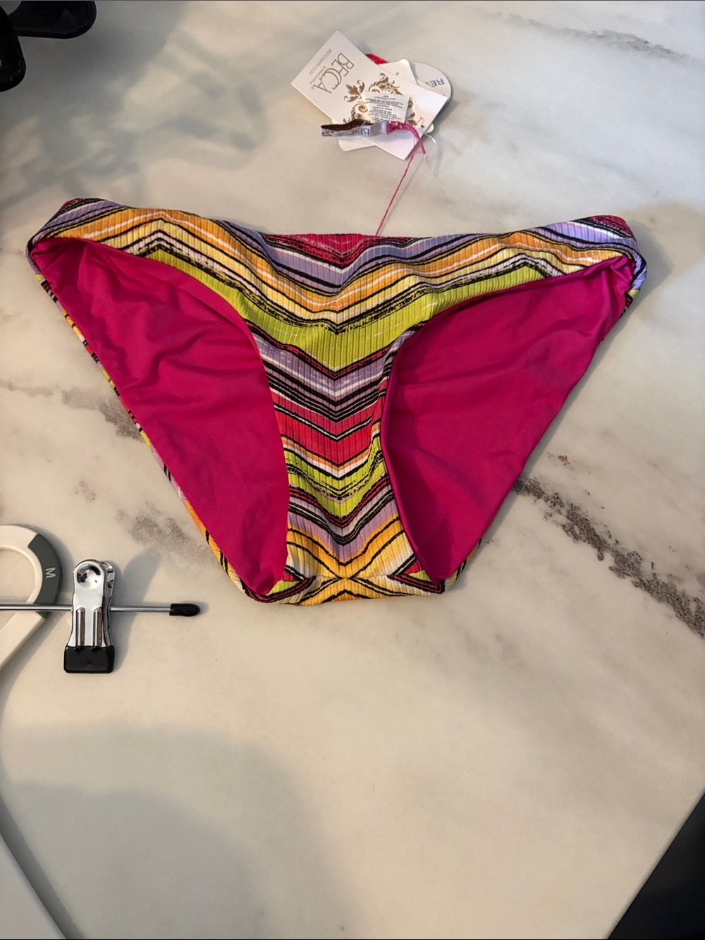 BECCA Multicolor Chevron Bikini Bottom with Hot Pink Lining